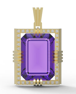 Amethyst created center stone 18 Karat gold Pendant with 32 round clear synthetic diamonds and 18 Karat Italian Gold Chain.   (Free shipping and taxes).