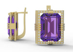 Load image into Gallery viewer, Amethyst created center stone 18 Karat gold Earrings garnished with 32 round clear synthetic diamonds.   (Free shipping and taxes).
