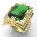 Load image into Gallery viewer, Emerald created center stone 18 karat gold Ring garnished with 32 round clear synthetic diamonds.
