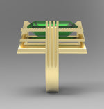 Load image into Gallery viewer, Emerald created center stone 18 karat gold Ring garnished with 32 round clear synthetic diamonds.
