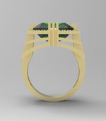 Load image into Gallery viewer, Emerald created center stone 18 karat gold Ring garnished with 32 round clear synthetic diamonds.
