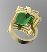 Load image into Gallery viewer, Emerald created center stone 18 karat gold Ring garnished with 32 round clear synthetic diamonds.
