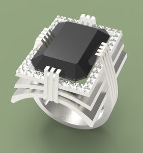 Onyx gemstone 18 Karat white gold ring garnished with 32 round clear synthetic diamonds.   (Free shipping and taxes)