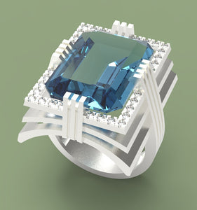 Aquamarine 18 Karat white gold ring garnished with 32 round clear synthetic diamonds.   (Free shipping and taxes)