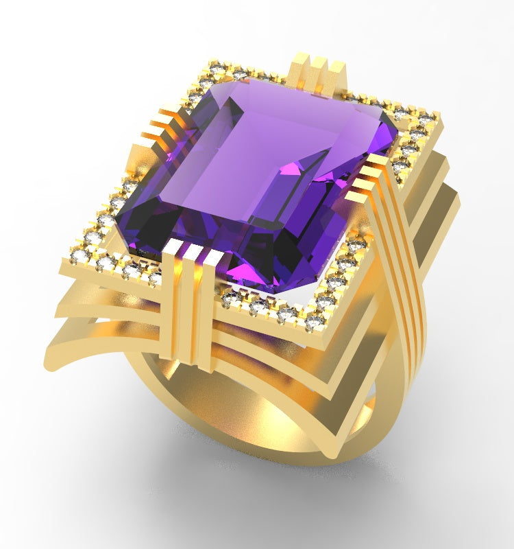 Amethyst created center stone 18 Karat gold ring with garnished 32 round clear synthetic diamonds.       (Free shipping and taxes).