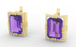 Load image into Gallery viewer, Amethyst created center stone 18 Karat gold Earrings garnished with 32 round clear synthetic diamonds.   (Free shipping and taxes).
