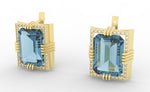 Load image into Gallery viewer, Aquamarine created center stone 18 Karat gold Earrings garnished with 32 round clear Carat synthetic diamonds.      (Free shipping and taxes).
