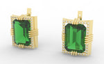 Load image into Gallery viewer, Emerald created center stone 18 Karat gold Earrings garnished with 32 round clear synthetic diamonds.      (Free shipping and taxes).
