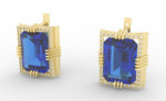 Load image into Gallery viewer, Sapphire created center stone 18 Karat gold earrings garnished with 32 round clear synthetic diamonds.      (Free shipping and taxes).
