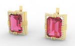 Load image into Gallery viewer, Tourmaline created centerstone 18 Karat gold Earrings garnished with 32 round clear synthetic diamonds.      (Free shipping and taxes).
