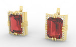 Load image into Gallery viewer, Ruby created center stone 18 Karat gold earrings garnished with 32 round clear synthetic diamonds.   (Free shipping and taxes).
