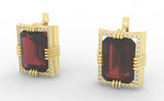 Load image into Gallery viewer, Garnet created center stone 18 Karat gold Earrings garnished with 32 round clear synthetic diamonds.   (Free shipping and taxes).
