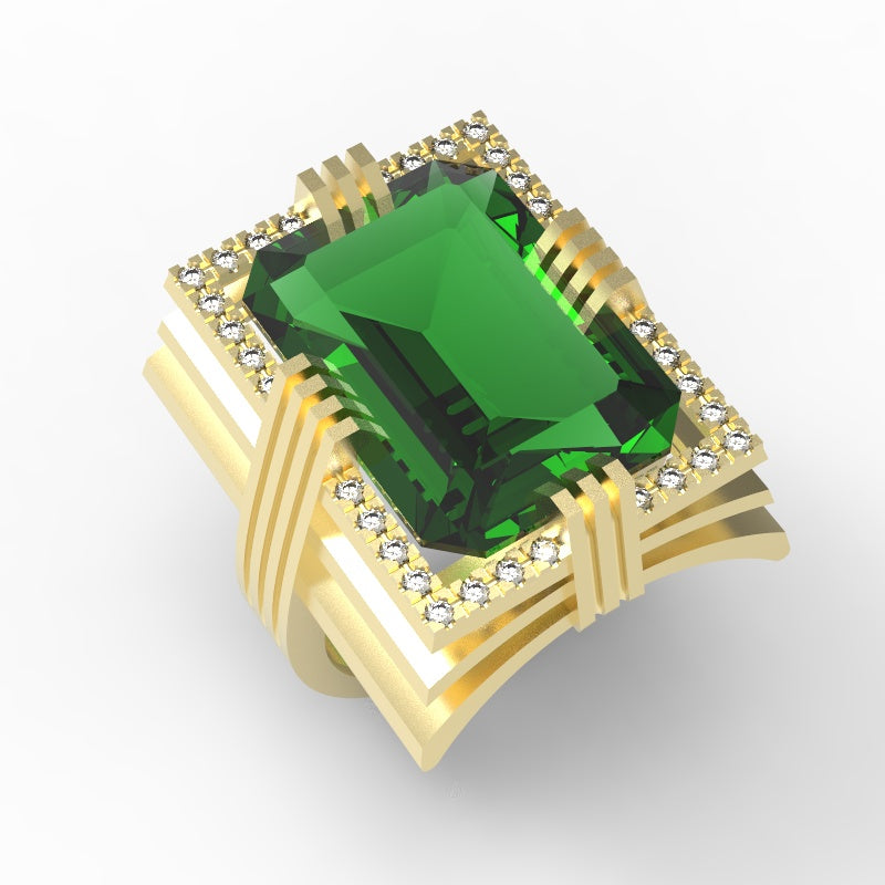 Emerald created center stone 18 Karat gold ring garnished with 32 round clear synthetic diamonds.     (Free shipping and taxes)..