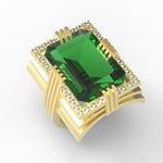 Load image into Gallery viewer, Emerald created center stone 18 Karat gold ring garnished with 32 round clear synthetic diamonds.     (Free shipping and taxes)..
