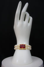 Load image into Gallery viewer, Ruby 18 Karat gold Bracelet with diamonds and cultured Japanese pearl band.   (Free shipping and taxes).
