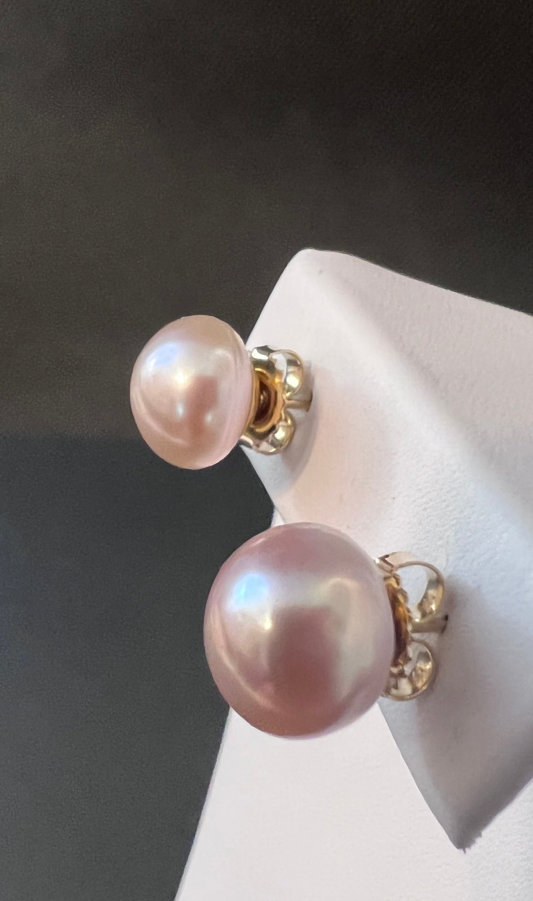 Pink rose cultured semi round pearl earring set with 14 karat gold studs.  (Free shipping and taxes).