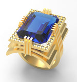 Load image into Gallery viewer, Sapphire created center stone 18 Karat gold ring garnished with 32 round clear synthetic diamonds.      (Free shipping and taxes).
