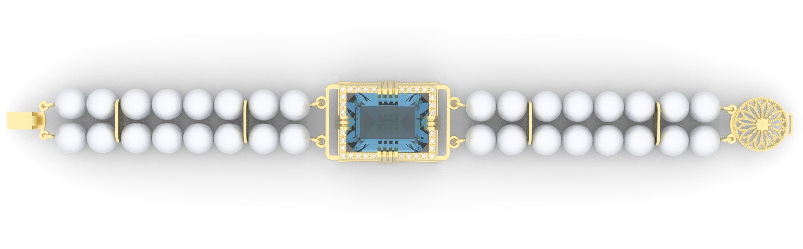 Aquamarine created center stone 18 Karat gold bracelet with created center stone garnished with 32 round clear synthetic diamonds and cultured freshwater white round 7.0 mm pearl band.   (Free shipping and taxes).