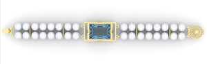 Aquamarine created center stone 18 Karat gold bracelet with created center stone garnished with 32 round clear synthetic diamonds and cultured freshwater white round 7.0 mm pearl band.   (Free shipping and taxes).