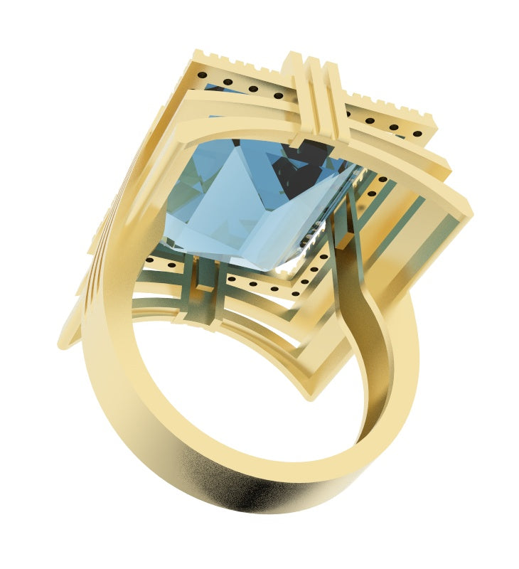 Aquamarine created center stone 18 Karat gold ring garnished with 32 round clear synthetic diamonds.      (Free shipping and taxes).