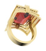 Load image into Gallery viewer, Ruby created center stone 18 Karat gold ring garnished with 32 round clear synthetic diamonds.    (Free shipping and taxes).
