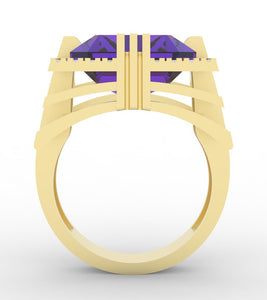 Amethyst created center stone 18 Karat gold ring with garnished 32 round clear synthetic diamonds.       (Free shipping and taxes).