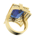 Load image into Gallery viewer, Sapphire created center stone 18 Karat gold ring garnished with 32 round clear synthetic diamonds.      (Free shipping and taxes).
