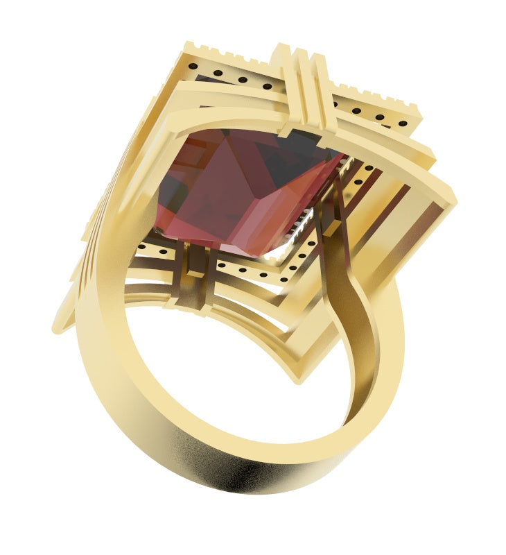 Garnet created center stone 18 Karat gold ring garnished with 32 round clear synthetic diamonds.    (Free shipping and taxes).