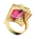 Load image into Gallery viewer, Tourmaline created center stone 18 Karat gold ring garnished with 32 round clear synthetic diamonds.   (Free shipping and taxes).
