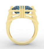 Load image into Gallery viewer, Aquamarine created center stone 18 Karat gold ring garnished with 32 round clear synthetic diamonds.      (Free shipping and taxes).
