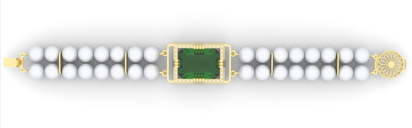 Emerald created center stone 18 Karat gold Bracelet garnished with created center stone garnished with 32 round clear synthetic diamonds and cultured freshwater white round 7.0 mm pearl.   (Free shipping and taxes).