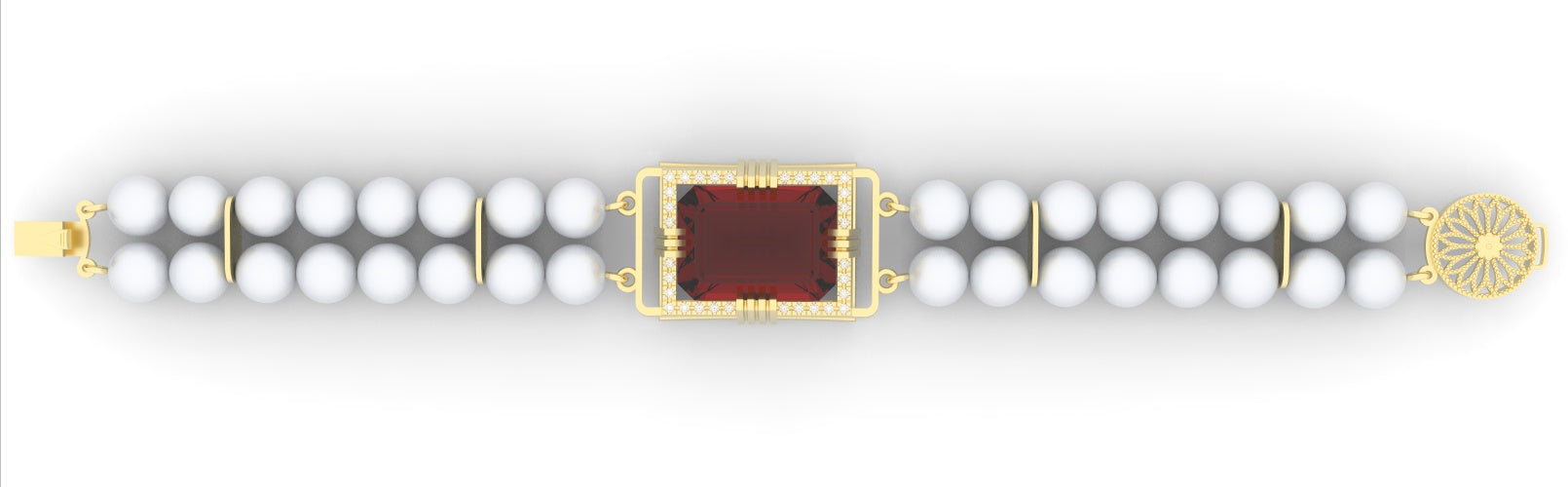 Garnet created center stone 18 Karat gold Bracelet with diamonds and cultured freshwater Japanese Pearl band.   (Free shipping and taxes).