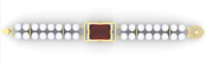 Garnet created center stone 18 Karat gold Bracelet with diamonds and cultured freshwater Japanese Pearl band.   (Free shipping and taxes).