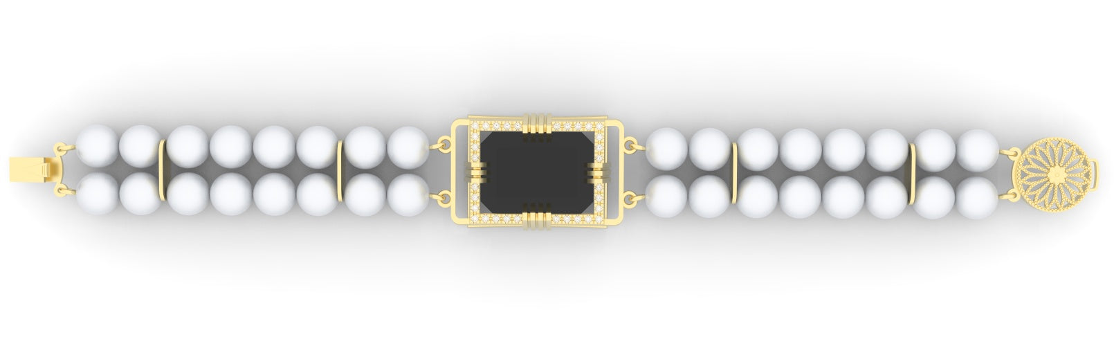 Onyx gemstone 18 Karat Gold Bracelet garnished with 32 round clear synthetic diamonds and cultured freshwater white round 7.0 mm pearl band.   (Free shipping and taxes).