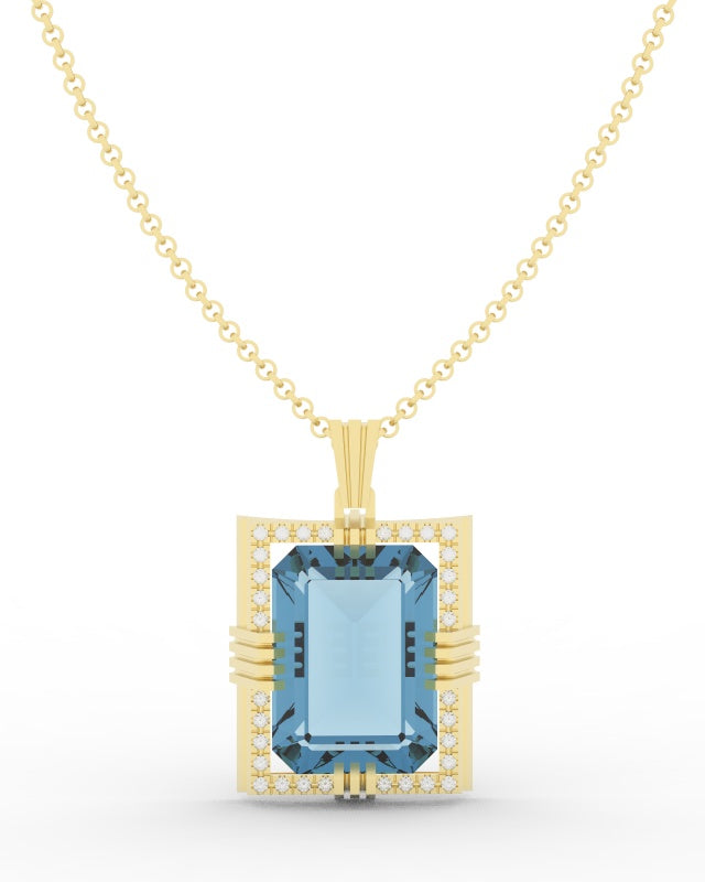 Aquamarine created center stone 18 Karat gold Pendant with gold chain and garnished with 32 round clear synthetic diamonds.    (Free shipping and taxes).