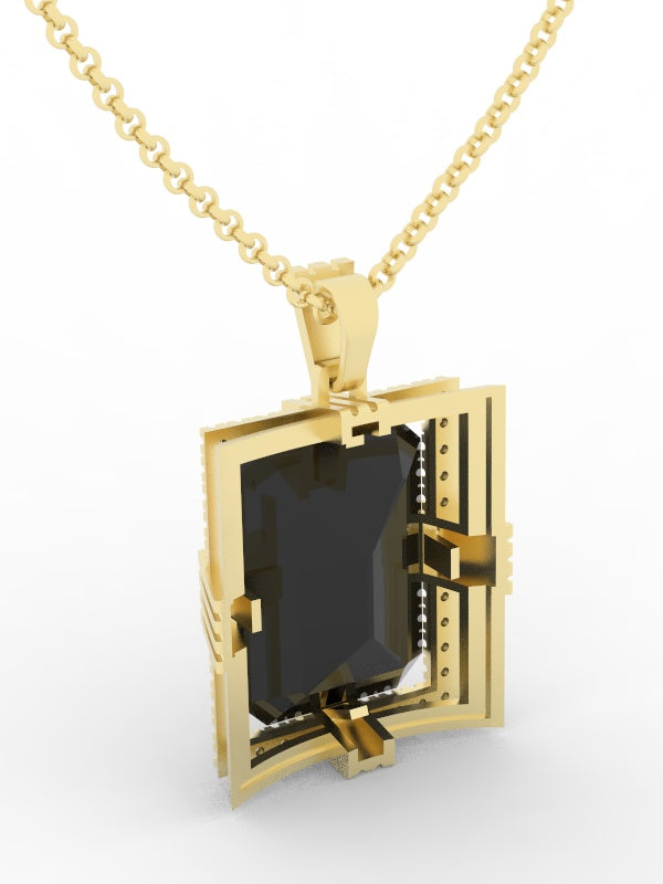 Onyx gemstone 18 Karat gold Pendant with gold chain and garnished with 32 round clear synthetic diamonds.   (Free shipping and taxes).