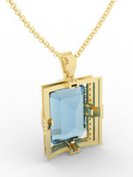 Load image into Gallery viewer, Aquamarine created center stone 18 Karat gold Pendant with gold chain and garnished with 32 round clear synthetic diamonds.    (Free shipping and taxes).
