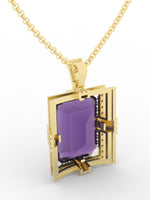 Load image into Gallery viewer, Amethyst created center stone 18 Karat gold Pendant with 32 round clear synthetic diamonds and 18 Karat Italian Gold Chain.   (Free shipping and taxes).
