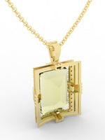 Load image into Gallery viewer, Citrine created center stone 18 Karat gold Pendant with gold Chain and garnished with 32 round clear synthetic diamonds.      (Free shipping and taxes).
