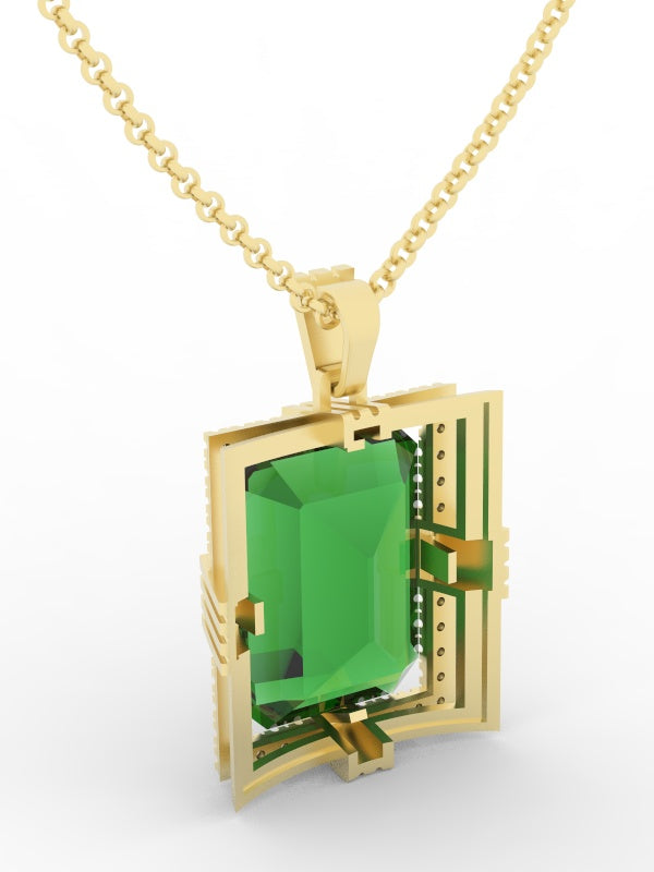 Emerald created center stone 18 Karat gold Pendant with gold chain and garnished with 32 round clear synthetic diamonds.      (Free shipping and taxes).