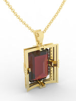 Load image into Gallery viewer, Garnet created center stone 18 Karat gold Pendant with gold Chain and garnished with 32 round clear synthetic diamonds.      (Free shipping and taxes).
