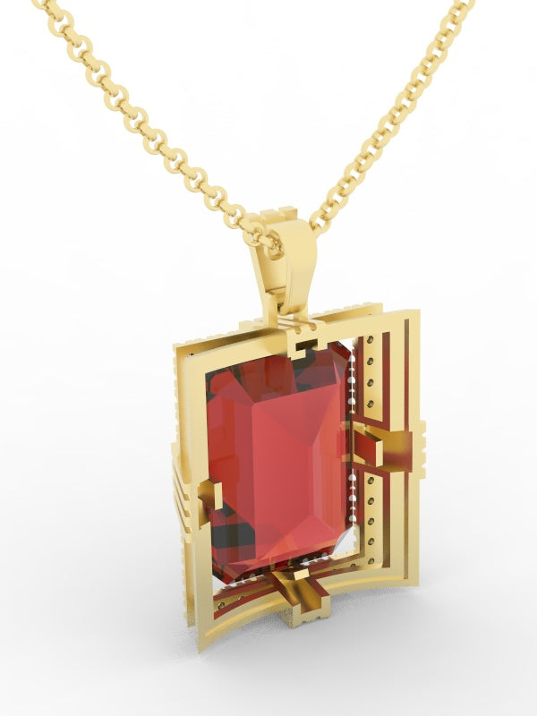 Ruby created center stone 18 Karat gold Pendant with gold chain and garnished with 32 round clear synthetic diamonds.     (Free shipping and taxes).