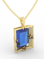 Load image into Gallery viewer, Sapphire created center stone 18 Karat gold Pendant with gold chain and garnished with 32 round clear synthetic diamonds.     (Free shipping and taxes).
