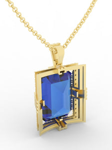 Sapphire created center stone 18 Karat gold Pendant with gold chain and garnished with 32 round clear synthetic diamonds.     (Free shipping and taxes).