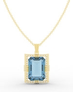 Load image into Gallery viewer, Aquamarine created center stone 18 Karat gold Pendant with gold chain and garnished with 32 round clear synthetic diamonds.    (Free shipping and taxes).
