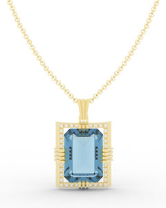 Aquamarine created center stone 18 Karat gold Pendant with gold chain and garnished with 32 round clear synthetic diamonds.    (Free shipping and taxes).