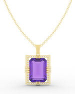 Load image into Gallery viewer, Amethyst created center stone 18 Karat gold Pendant with 32 round clear synthetic diamonds and 18 Karat Italian Gold Chain.   (Free shipping and taxes).
