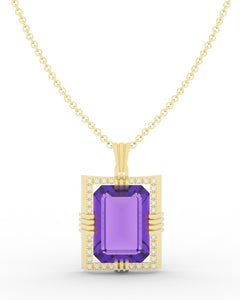 Amethyst created center stone 18 Karat gold Pendant with 32 round clear synthetic diamonds and 18 Karat Italian Gold Chain.   (Free shipping and taxes).