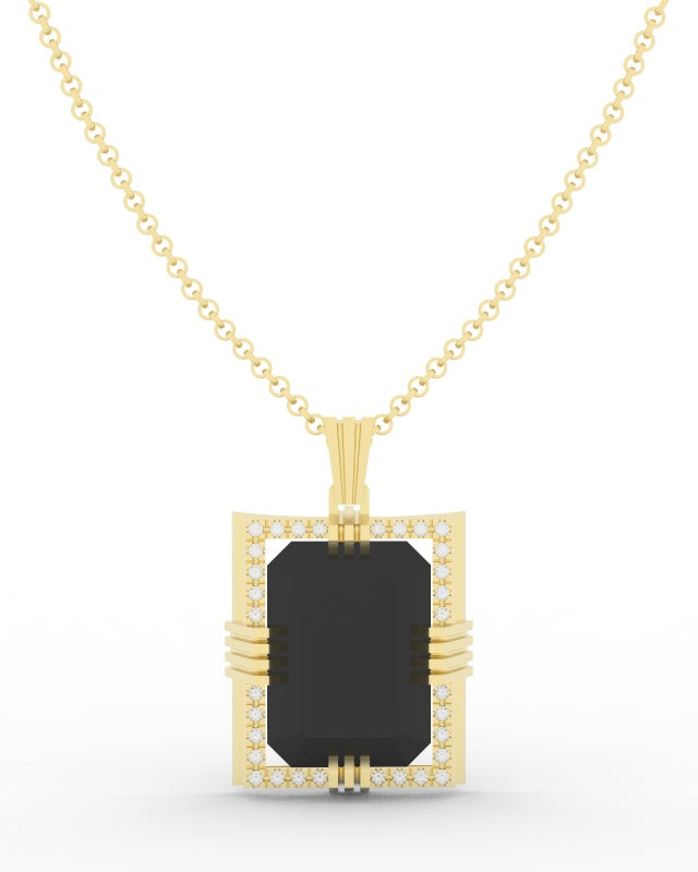 Onyx gemstone 18 Karat gold Pendant with gold chain and garnished with 32 round clear synthetic diamonds.   (Free shipping and taxes).