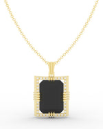 Load image into Gallery viewer, Onyx gemstone 18 Karat gold Pendant with gold chain and garnished with 32 round clear synthetic diamonds.   (Free shipping and taxes).
